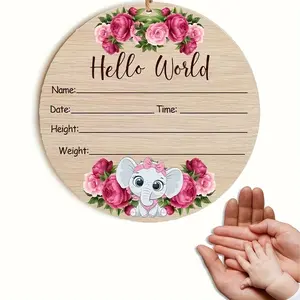 Hello World Lettering Wooden Hanging Sign Welcome Sign, 1 Count Floral Pattern Baby Birth Announcement Board, Photo Prop for Newborn Baby Shower Birthday Party