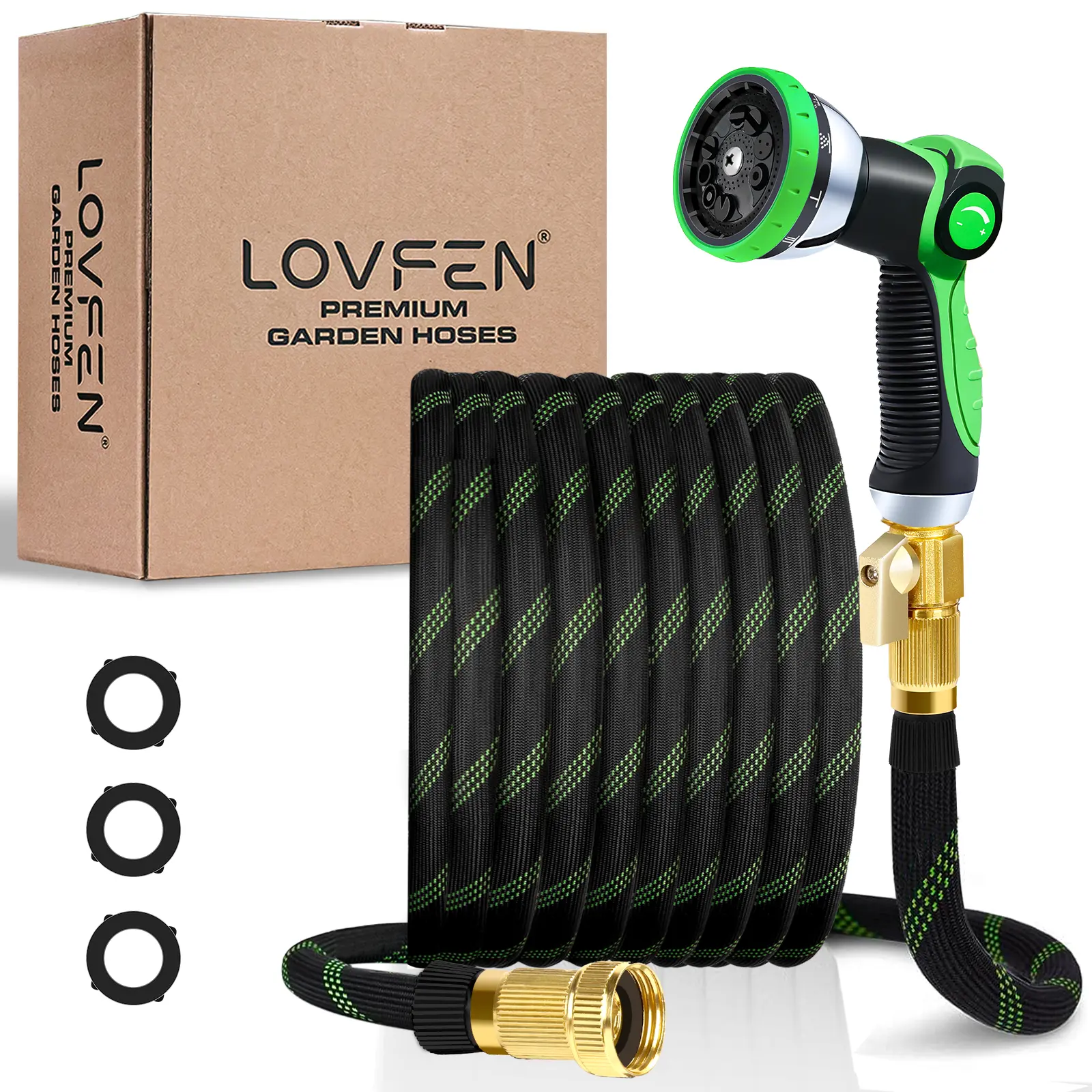 LOVFEN Garden Hose 25FT/50FT/75FT/100FT/150FT, Kink Free Flexible Water Hose With 10-Pattern Spray Nozzle, Lightweight Hose Pipe, Leak Proof, 3/4" Swivel Connectors, Super Fabric