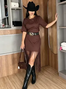Womens Western Fringe T Shirt Dress Brown Short Sleeve Tassel Hem Mini Dress Country Concert Outfit Cowboy Cowgirl Nashville Outfit Rodeo Dress,summervibes tiktokshopspringglowup