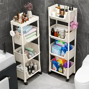 4-Tier Rolling Multi-Functional Plastic Storage Cart with Wheels, Space-Saving Mobile Shelving Unit for Home, Office and Dorm Use, Bath Towel Rack, Bathroom Storage Organizer, Bathroom Shelf Organizer