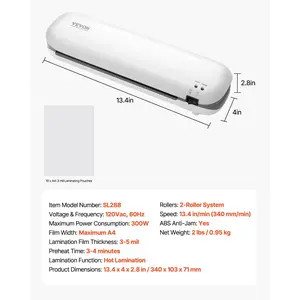 VEVOR Laminator Machine, Thermal Laminator for Max A4 Paper Size, 3-4 min Quick Warm Portable Laminator, 3-5 mil Thickness, Ideal for Home, Office, Business, or School Supplies, White+ Grey