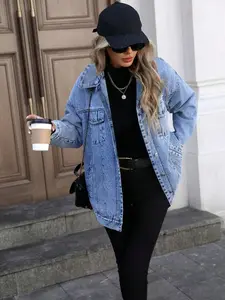 Women's Casual Denim Jacket, Long Sleeve Spring & Fall Blue Young Style, Fashionable Sporty Outerwear, Versatile Ladies' Coat, Trendy Women's Clothing