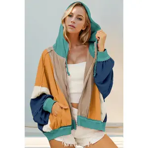 Double Take Full Size Color Block Zip Up Hoodie