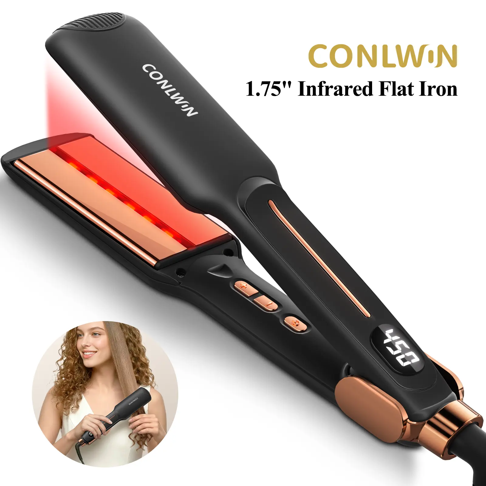 CONLWIN Titanium Flat Iron, Infrared Straightener and Curler for Frizz-Free Shine, 1.75" Wide Plates with 12 Temp Settings for Curly & All Hair Types, Curly Hair, Silky Straight Hair