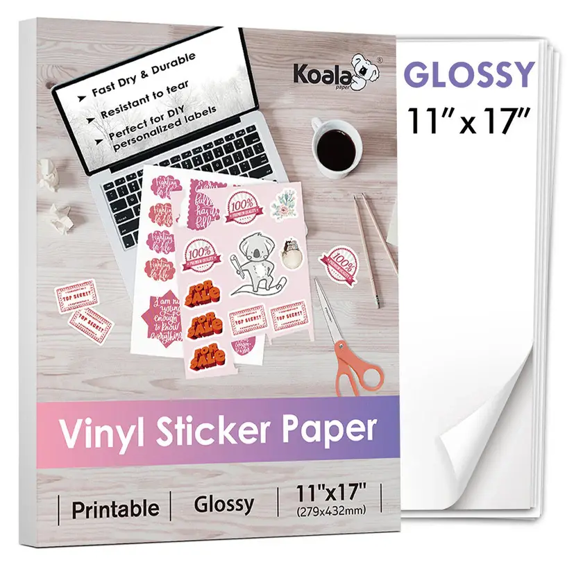 Glossy Waterproof Koala Vinyl Sticker Paper - 11x17 in, 10 Full Sheets for Inkjet Printers, Ideal for DIY Custom Decor & Crafts