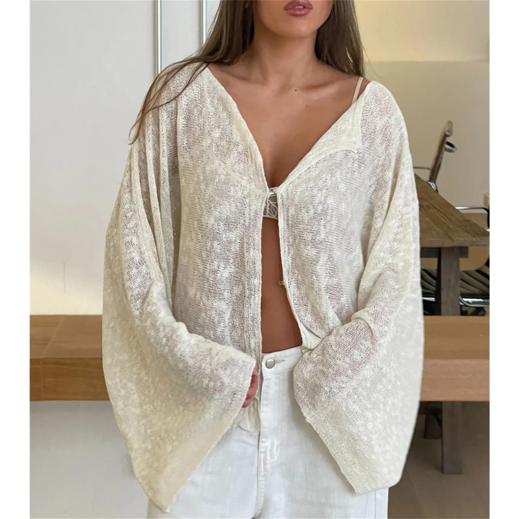 Women Sleek Loose Knitted Cardigan Tops Boat Neck Hook Draped Long Batwing Sleeve Semi-Sheer Casual Fall Shawl Sweaters, effortless layering, chic everyday, refined casual, versatile piece
