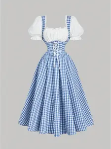 Vintage Plaid Patchwork Babydoll Dress, Women's Casual Fitted Dress, All Seasons Fashion, Boho Beach Vacation, Bohemian, Spring, Womenswear, Clothes