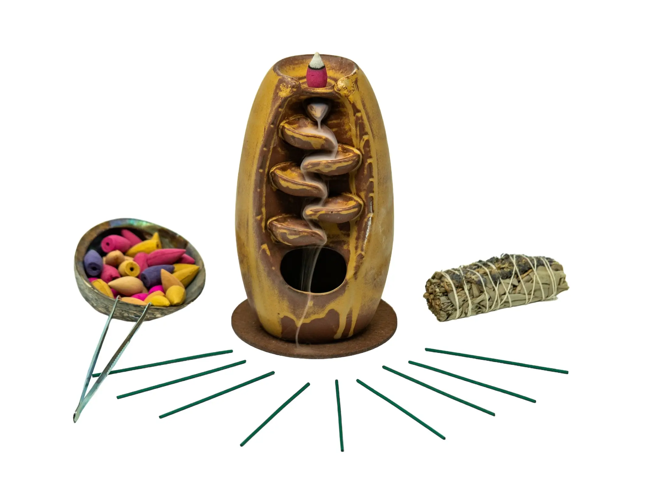 Brown Ceramic Waterfall Backflow Incense Burner with Mixed Incense Cones, Sticks | Gift | Home Decor | Aromatherapy| FREE Organic Sage with Order