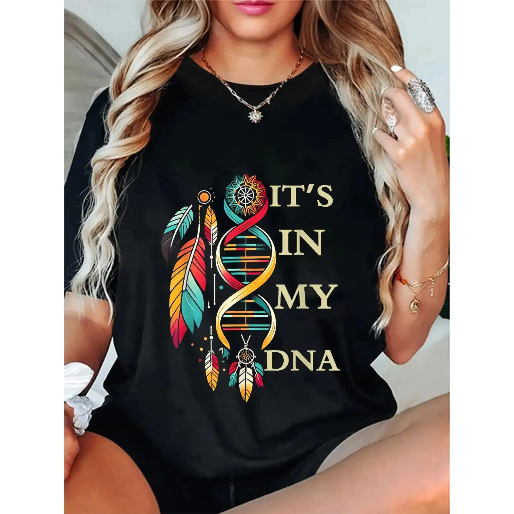 Women's Short-Sleeve Round Neck DNA Print T-Shirt, Unisex Indigenous Native Indian Day Pride Streetwear Casual Top, Shortsleeve, Tshirt, Day Pride Tee