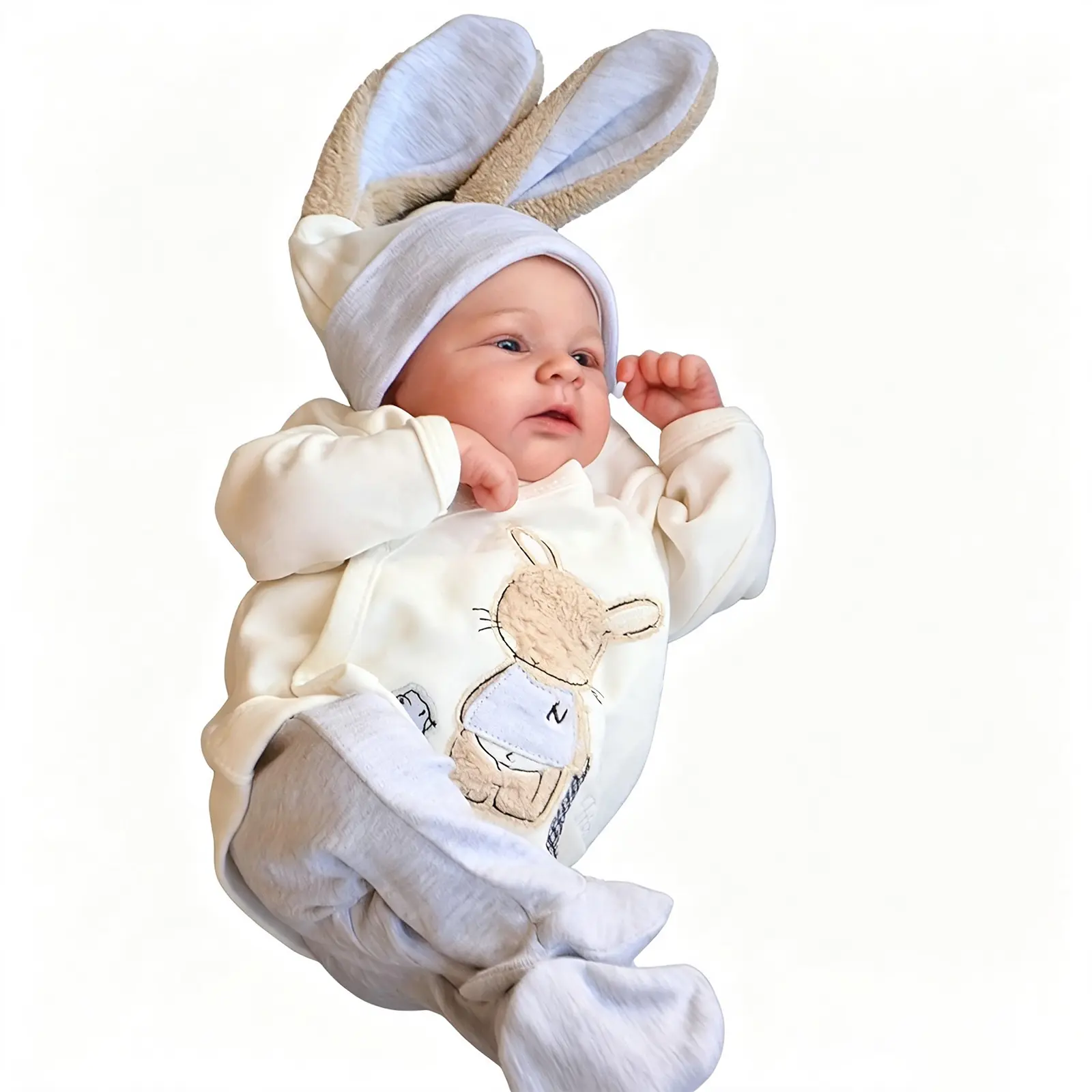 19.3-Inch Lifelike Full-Body Vinyl Reborn Baby Boy Doll, Hand-Painted Long-Eared Rabbit Outfit, 2 Sets of Clothes, Soft Doll Toy for Ages 4+