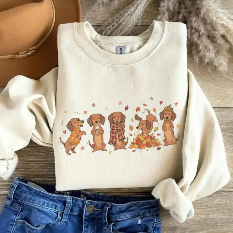 Retro Fall Dachshund Doodle Crewneck, Cute Wiener Dog Sweatshirt, Cozy Autumn Dog Mom Pullover, Doxie Dog Owner Gift, Fall Pet Lover Sweatshirt, Cotton Top Womenswear