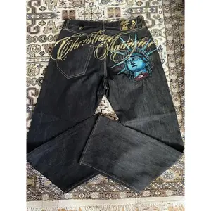 Vintage Statue of liberty Diamonds Jeans Casual Pants Waist Straight Wide Leg Jeans Harajuku Y2k 2000s