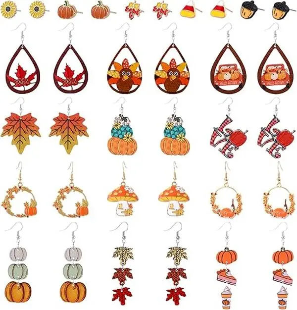 Halloween fall gifts  34 PCS Fall Earrings Set for Women Dangle Stud Jewelry Gift | Autumn Earrings Set Pumpkin Sunflower Wooden Double Sided