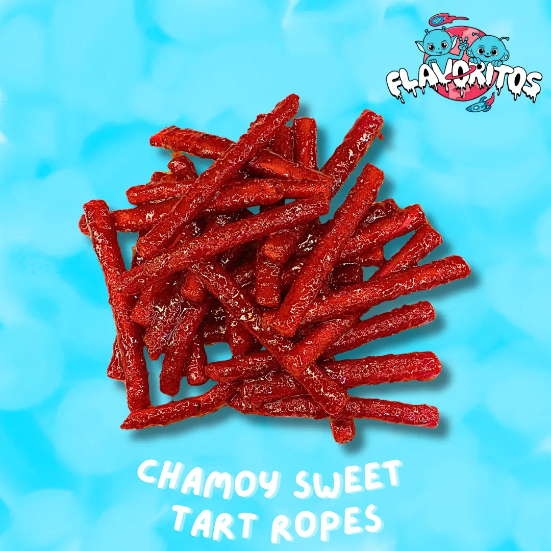 Chamoy Cherry Sweet Tart Ropes- Flavoritos Sweet and Chili Gummy Candy Snack Chewy Spicy Bonbon Dry Rub + Chamoy Packet