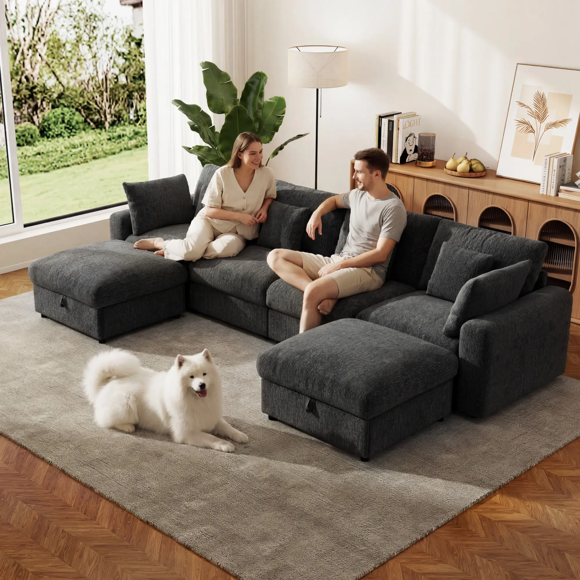 GuroMagicSofa 140" Extra Large Modular Chenille Beige Cloud Sectional Couch with 2 Removable Storage Ottomans, Extra Deep Seat Indoor Furniture - Sectional Couches for Living Room