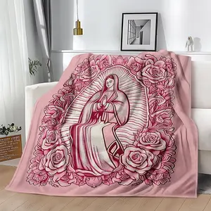 1 Piece Cozy Pink Virgin Mary Blanket-Super Soft Velvet with Floral Pattern, Perfect Gift for Mom, Grandma, Birthday and Valentine's Day, Perfect for Sofa, Bed, Travel and Living Room, multifunctional Blanket | Floral Blanket | Plush Texture,Meditation