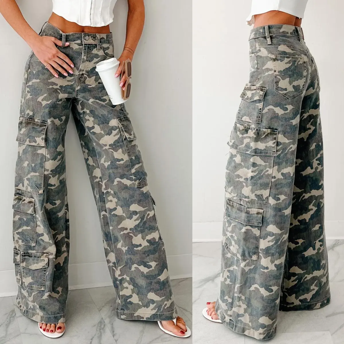 Women's Y2K Wide-Leg Cargo Denim Pants Mid-Rise Casual Camouflage Print Jeans Slightly Flared Distressed Camouflage Jeans with Multiple Pockets