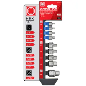 CARBYNE 9 Piece SAE Hex (Allen) Super Short Low-Profile Bit Socket Set, 1/8" to 9/16", Internal Square Drive & External Hex Drive • From a Family-Run Tool Company Based in the U.S.A.