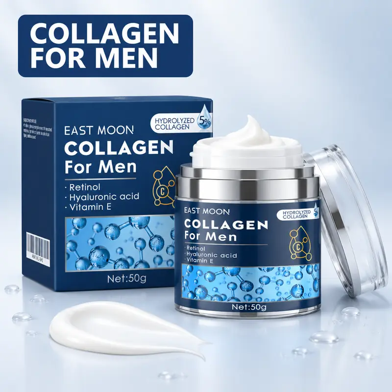 Men's East Moon Collagen + Retinol & Hyaluronic Acid Face Cream Moisturizer with Glycerin - Moisturizing, Hydrating, Firming/Lifting Gentle Daily Skincare for Adults - Smoother-Looking Skin & Lasting Moisture - 1.76 oz (50g)