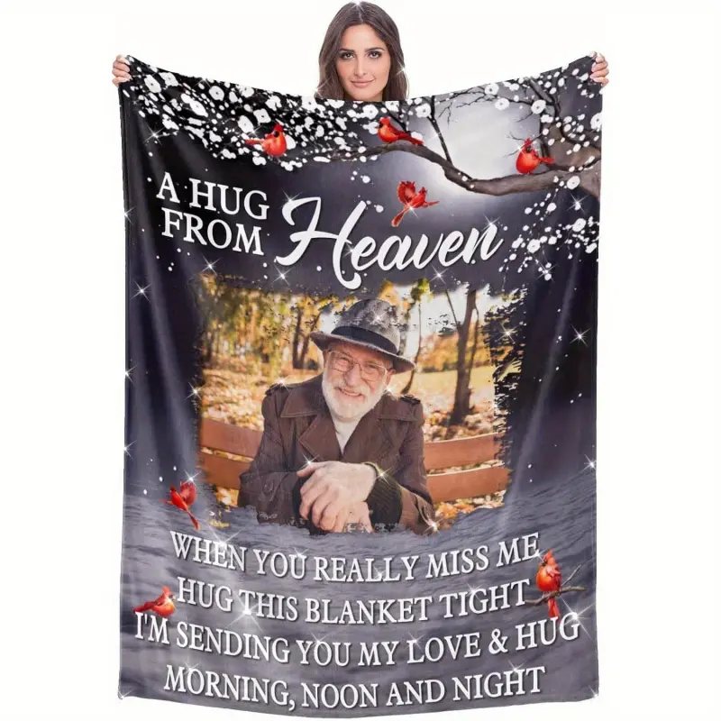 Personalized Memorial Photo Flannel Plush Blanket - Vintage Heaven Theme, Hugs from Heaven Message, Letters Pattern, Anti-Pilling, Durable, Full Print, Cozy Aesthetic, Warm, Custom Photo Option, All-Season Soft Gift for Loved Ones (Home/Camping Use), Warm