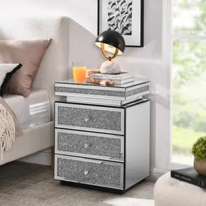 Mirrored Nightstand with 3 Drawers, Silver Finish, Mirror End Table, Glass Design for Bedroom, 13.8''W x 17.7" L x 23.6" H