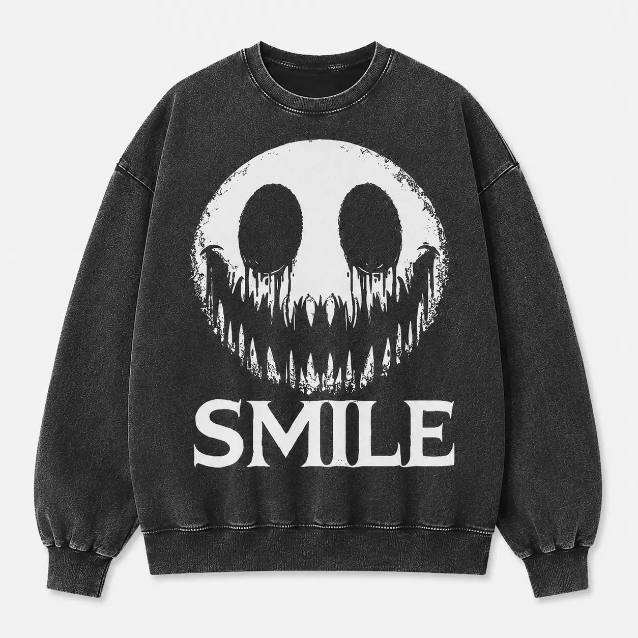 Spooky Smile Face Washed Sweatshirt for Men Women, Black Crew Neck Long Sleeve Pullover, White Horror Grin Graphic Casual Halloween Top, Size S-5XL