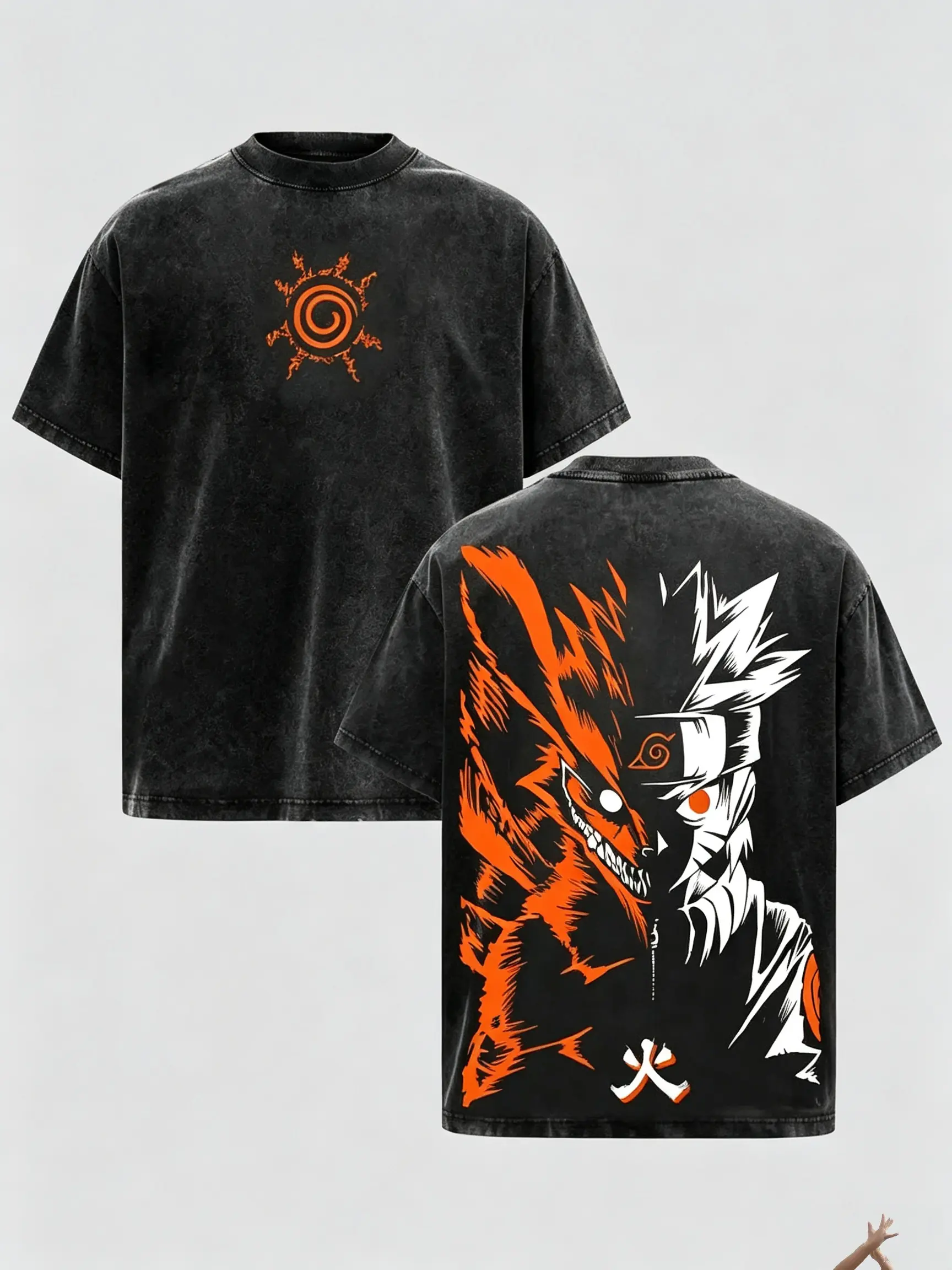 Vintage Acid Wash  Kurama Double Sided Anime Tee Unisex Oversized Y2K Grunge Streetwear Short Sleeve T-Shirt kakashi casual slim-fitting top f graphic day