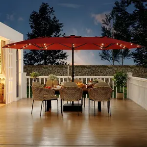 15FT Rectangular Shade Umbrella with Solar Lights and Base Included, Large Patio Umbrella with Crank Handle 48 LED Lights, UV Protection for Outdoor Market Backyard Deck Poolside