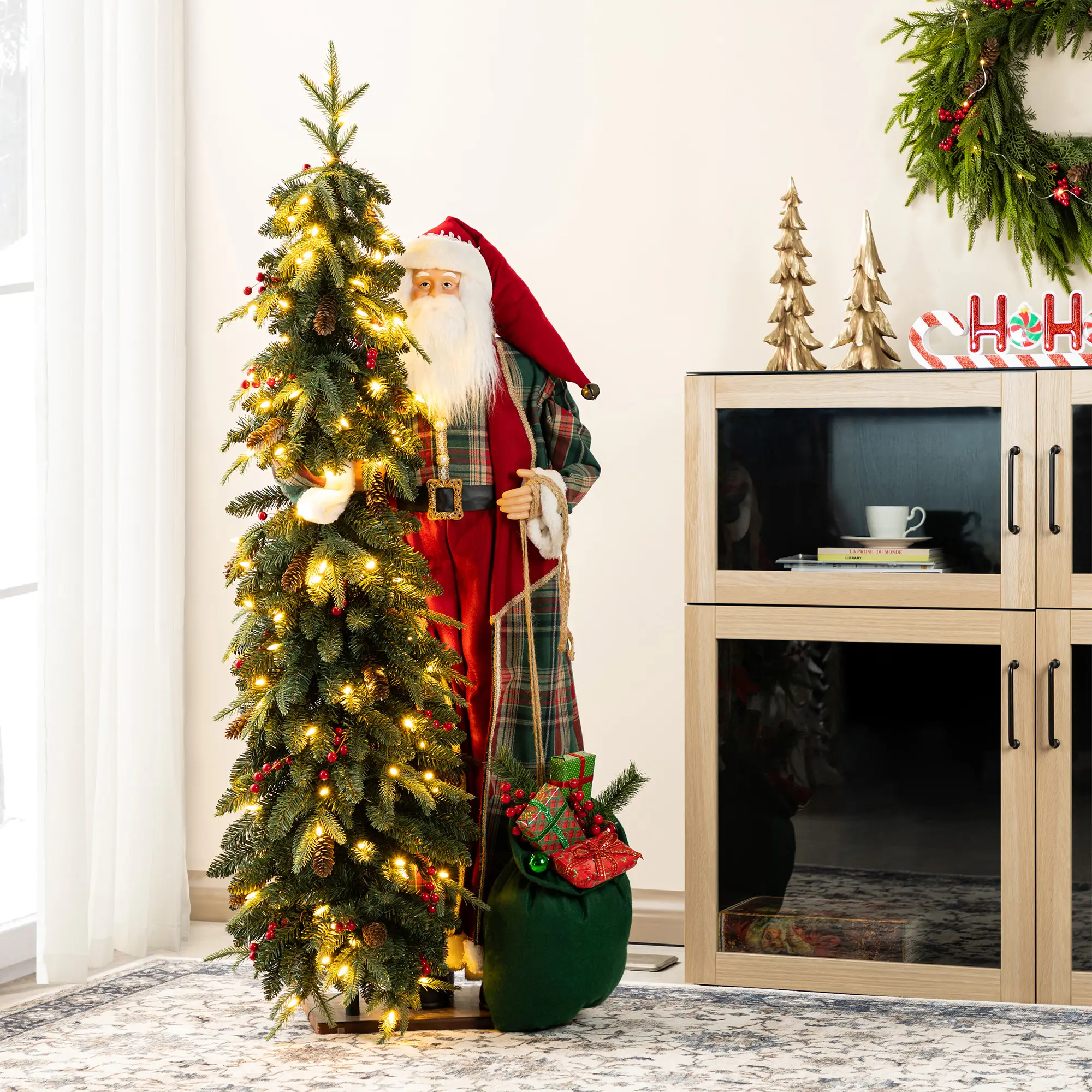 Glitzhome 4ft Oversized Christmas Woodland Santa with 5ft Lighted Artificial Christmas Tree