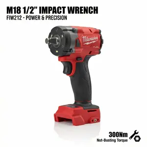 The Milwaukee M18 FIW212 18V 1/2-inch square shaft Cordless impact wrench, with a torque of up to 300 Nm, is a professional power tool suitable for M18 bolt tightening and automotive repair, featuring an adjustable 2400 RPM speed setting.