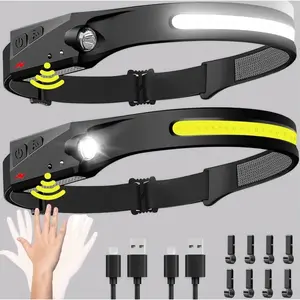 2-Pack USB Rechargeable Headlamp - 230° Wide Beam High Lumen Portable Flashlight with Motion Sensor, Waterproof for Camping, Hiking, High Lumen Flashlight