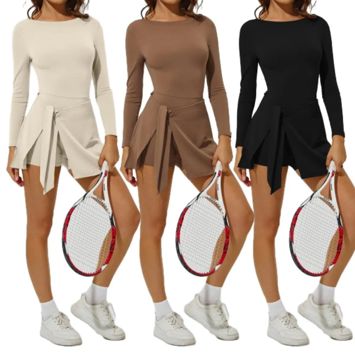 Womens 2-in-1 Long Sleeve Athletic Tennis Golf Dress Workout Active Dresses with Built-in Shorts hem sport dress Clothing Sportswear