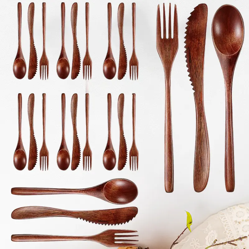 24Pcs Wood Dinner Flatware Tableware Set Includes Spoon, Fork, Knife Cutlery Kit for Eating, Wooden Utensils Suitable for Travel, Outdoor Activities and Camping, Picnic