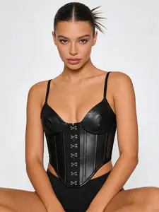 Women's Black PU Corset Top - Front Hook & Eye, Back Lace-Up, Adjustable Straps, Garter Straps, Fit | Perfect for Club Nights, Date Nights & Edgy Party Looks | 26 SS Fashion Spring Fresh Womenswear
