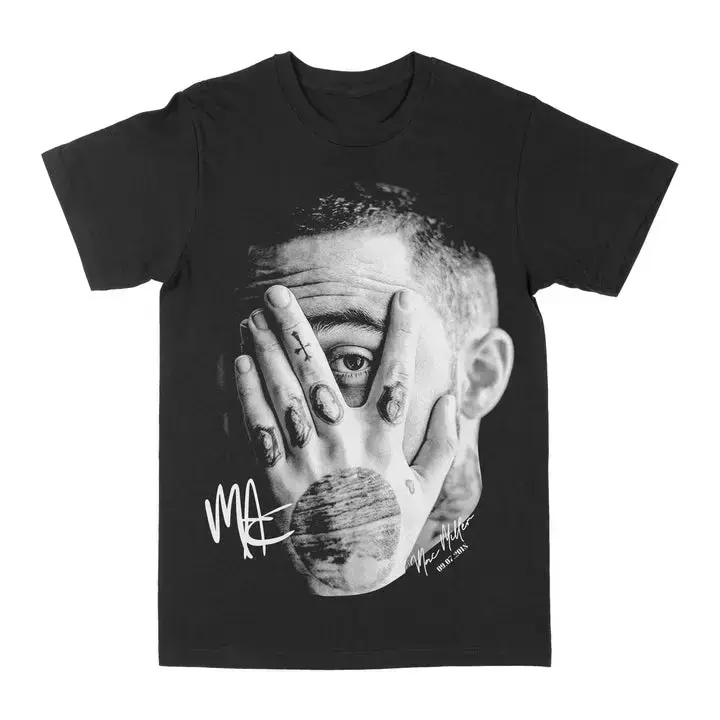 Men's Retro 90s Mac Miller Portrait Short-Sleeve Cotton Tee, Stretchy Minimalist Tops with Tattoo Hand Detail, Rap Artist Signature Mark Casual Street Fashion T-Shirt, Short-Sleeve Tee