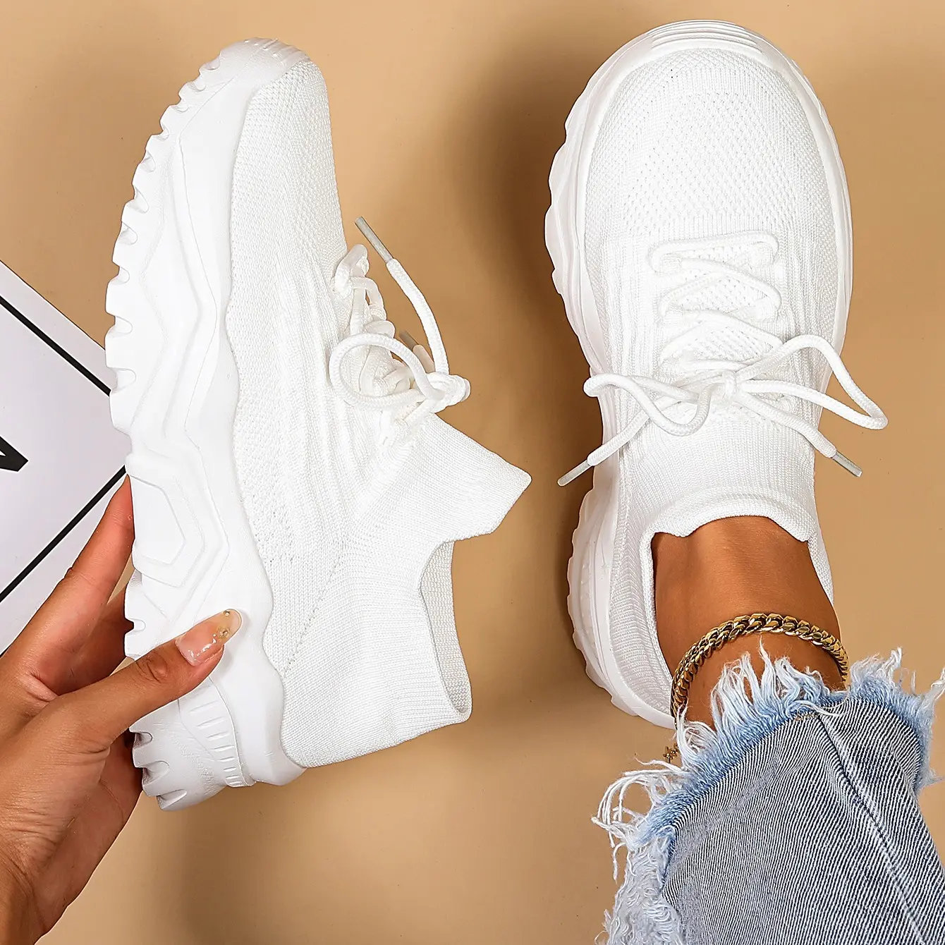 Women's Athletic Sneakers, Plain Low-Top Lace-Ups in Breathable Textile, Lightweight Shoes for Gym to Street Style and Summer Outfits, Fabric, Round Toe