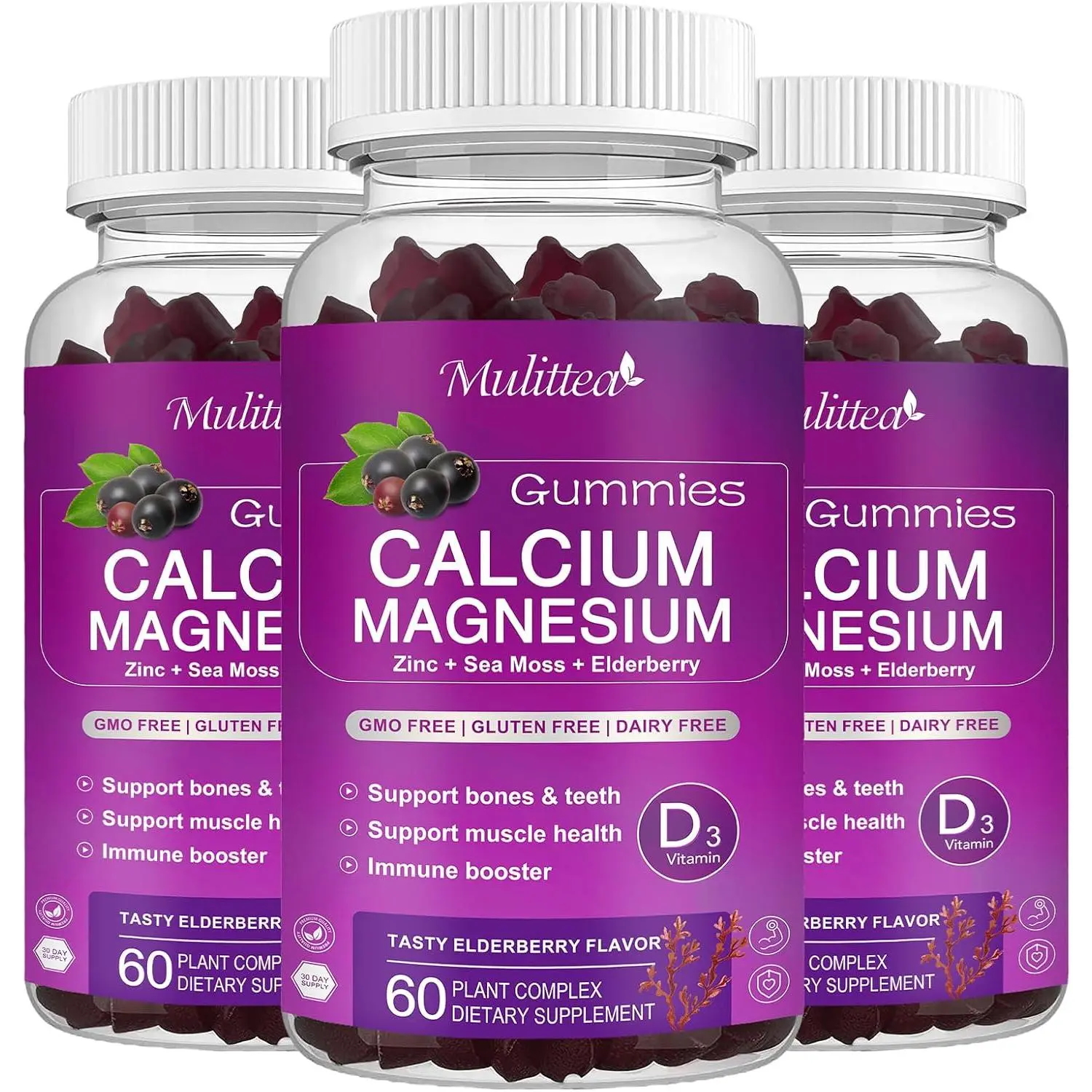 Calcium Magnesium Zinc Gummies with High Absorption Magnesium Glycinate 200mg, Potassium -Plant Calcium Supplement w/ D3 & Sea Moss for Bone, Muscles, Calm Mood & Sleep Support- Kids & adults (3 Pack)