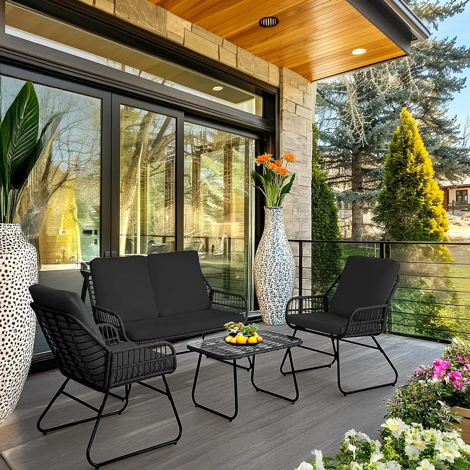 EortheX 4 Pieces Outdoor Furniture Set with Loveseat, Coffee Table & Table for Backyard, Deck, and Garden Lounge Spaces - Black