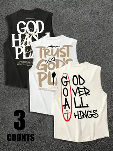 3-Pack "God Has A Plan" Christian Slogan Graphic Casual Fitted Sleeveless Workout Tank Tops | Faith Streetwear Muscle Shirts Set