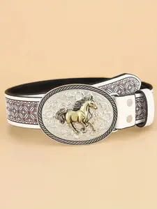 Western-Cowboy-Pu Leather-Belts for Women Gold-Oval-Buckle Embossed Horse Belt for Jeans Pants Fit for 41-49in