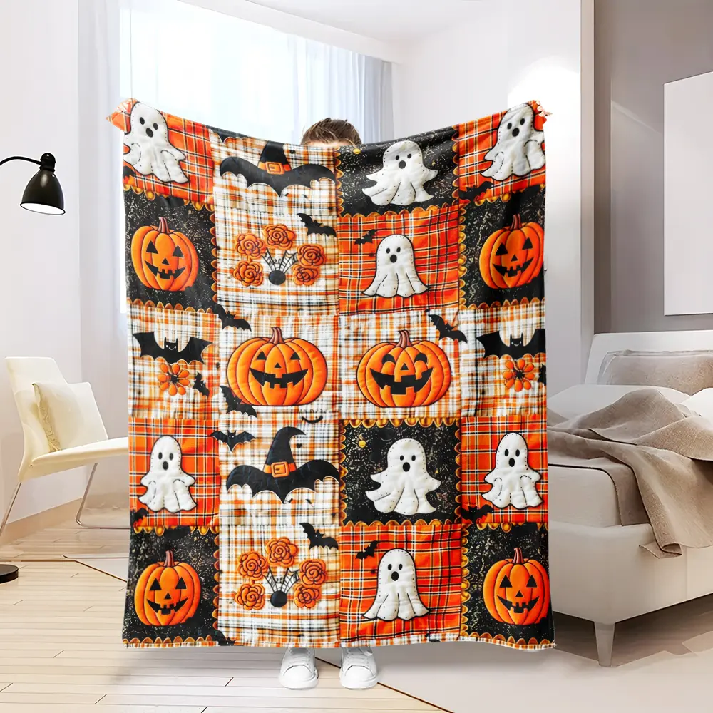 Soft Funny Throw Blanket Retro Plaid Halloween Pumpkin Ghost Bat Sunflower Fleece Blanket, Heat Transfer Printed Grid Pattern, American Country Vintage Style. Soft Multi-use Graphic Throw Blanket for Sofa, Bed, Office, Camping, Ideal for Halloween Gifts