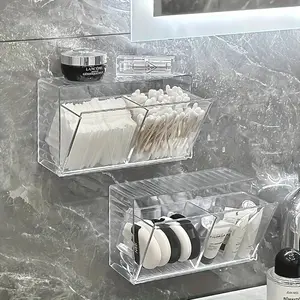 Transparent Cotton Swab Organizer Box, Divided Compartments, Wall-Mounted Storage for Bathroom & Makeup Desk, No Drilling Required, Ideal Home Organization Gift