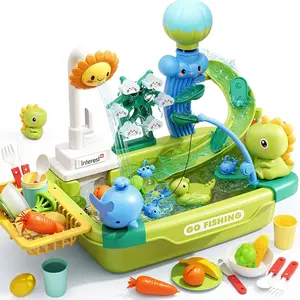 Play Sink with Running Water, Kitchen Play Sink Toy with Electric Faucet, Play Kitchen Accessories, Floating Pool Toys & Fishing Game, Kids Pretend Play-Dishwasher Play Set for Boys Girls Toddlers