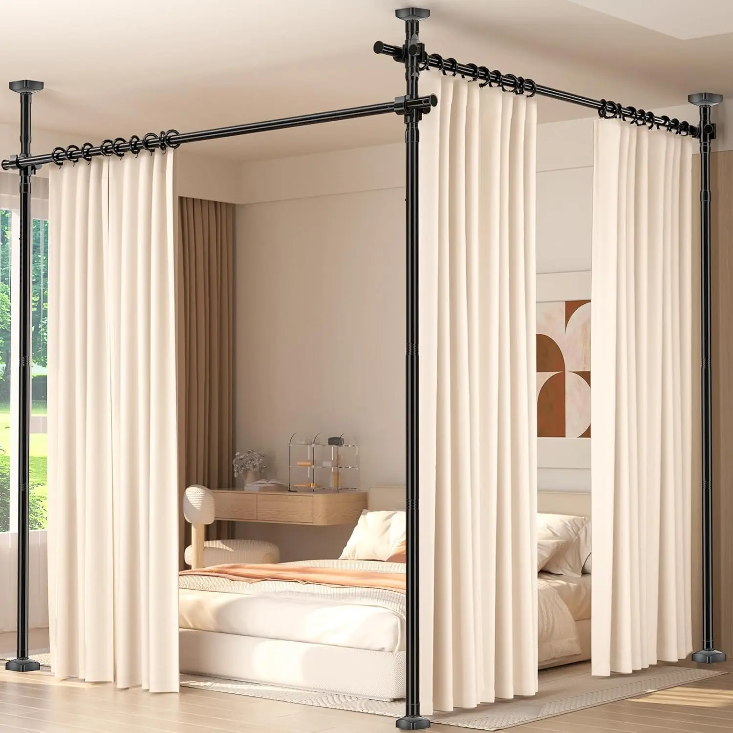Freestanding Partition Screen, Adjustable 4-10 ft Height & 28-140 in Width Heavy-Duty Tension Rod Privacy Screen for Bedroom, No Drilling Required, Black, Space Divider, Multi-Size
