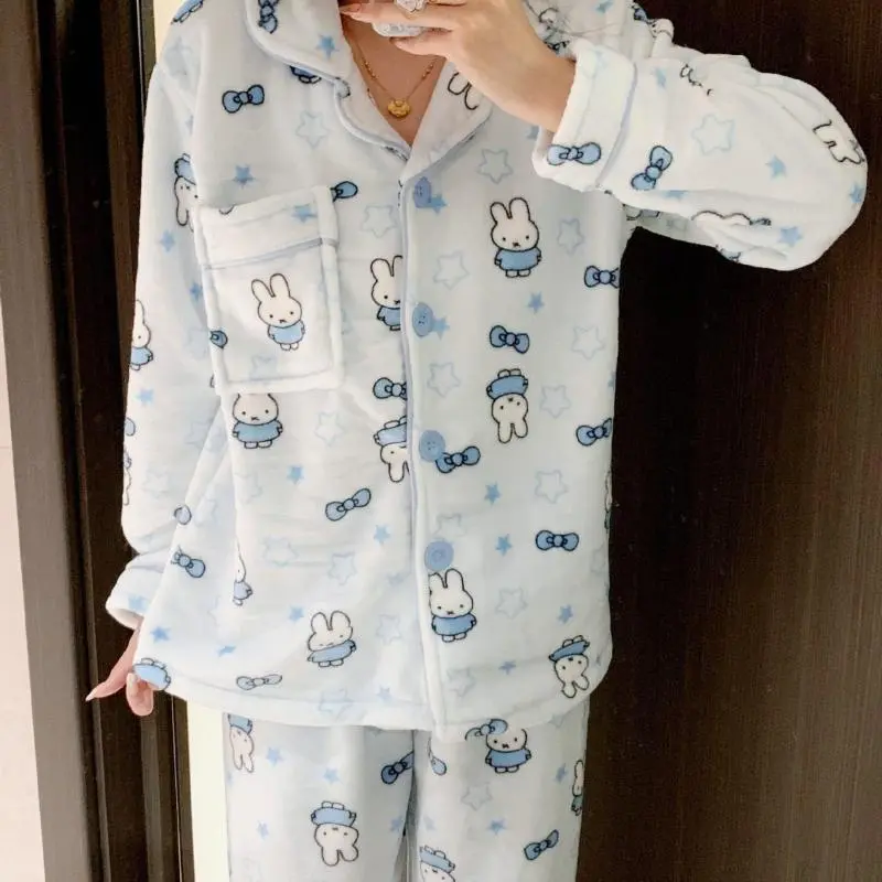 Women's Cute Bunny Pajama Set in Coral Fleece, Long Sleeve Open-Front Cardigan and Pants, Cozy Loungewear