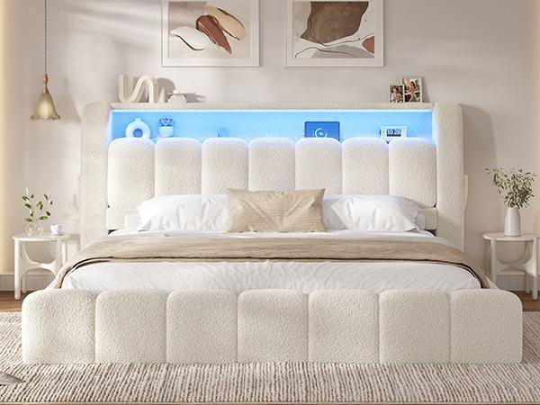 ADORNEVE King Size Bed Frame with Upholstered Boucle Headboard, Customizable LED Lighting, Charging Station, Soft Foam Padding, Rounded Corners - Ideal for Bedroom Decor, Functional Home Use,dorm essentials,home decor