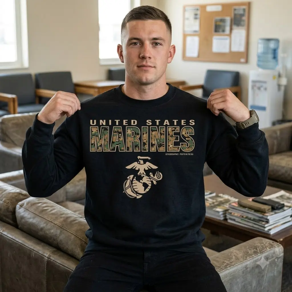 US Marines Camo Letter Sweatshirt, Patriotic Military Graphic Crewneck, Veteran Support Pullover, Tactical Style Long Sleeve Shirt, Military Pride Apparel, Gift for Marines & Veterans