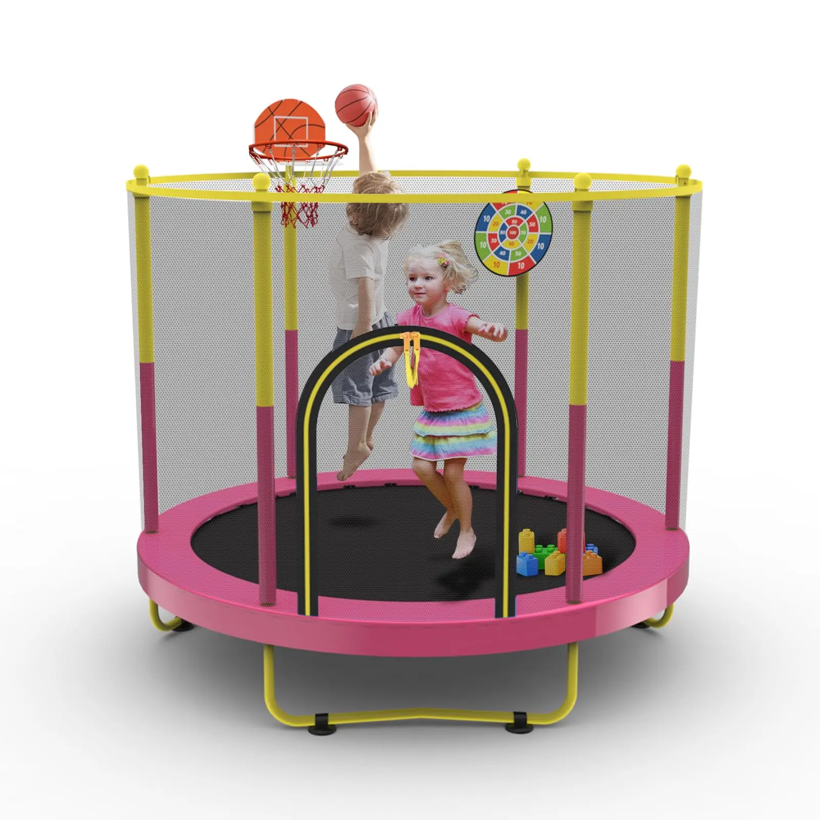 60 In/5 Ft Kids Trampoline With Safety Enclosure Net, 110 Lbs Weight Capacity, Indoor & Outdoor Mini Toddler Trampoline With Basketball Hoop And Dartboard, Suitable For Kids Ages 1-8, Birthday Gift For Boys & Girls, Christmas Toy For Infants & Toddlers