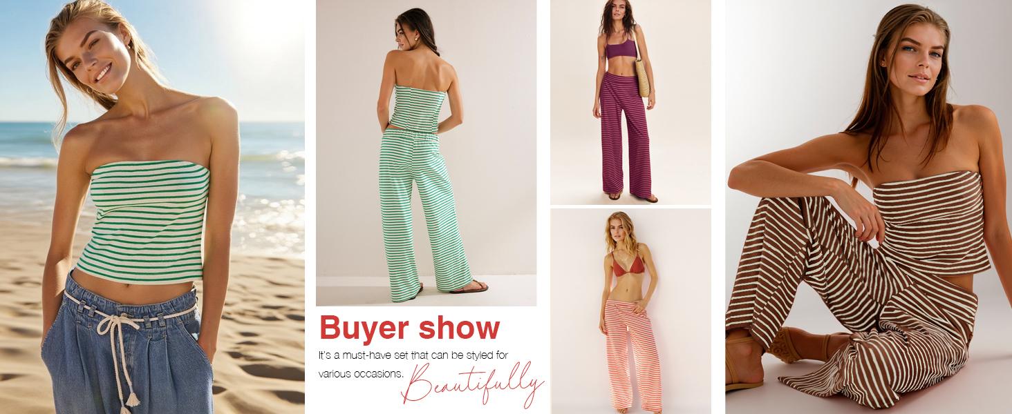 Tankaneo Womens Striped 2 Piece Sets Casual Summer Strapless Crop Tube Tops Wide Leg Pants Matching Lounge Set Vacation Outfits Spring & Summer Holiday Outfits, Comfortable Womenswear Fashion Womenswear Beach Clothes Tankaneo Womens Striped 2 Piece Sets Casual Summer Strapless Crop Tube Tops Wide Leg Pants Matching Lounge Set Vacation Outfits Spring & Summer Holiday Outfits, Comfortable Womenswear Fashion Womenswear Beach Clothes