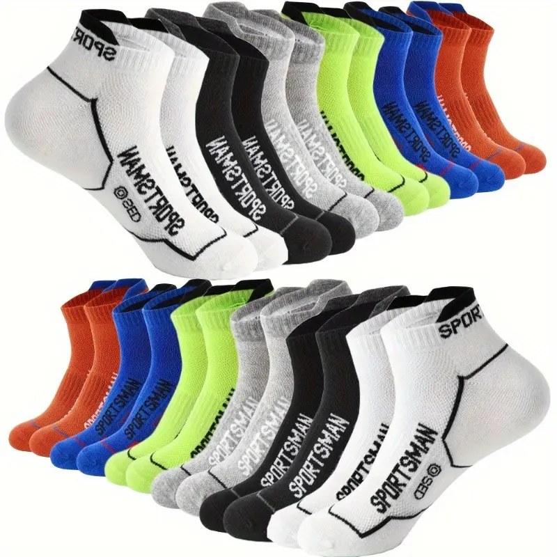 6 pairs of men's sports performance socks, knitted polyester and elastane blend, breathable mesh, sweat-wicking, machine washable, letter pattern, suitable for running and sports, sweat-proof